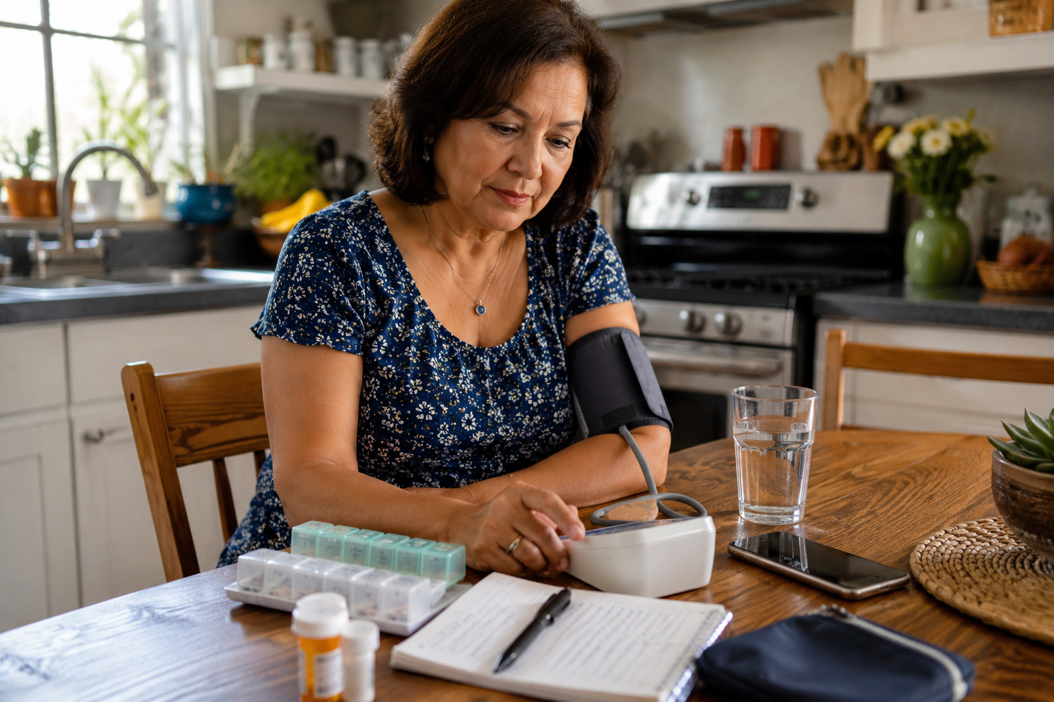 A person checks blood pressure at home beside care notes and a phone.