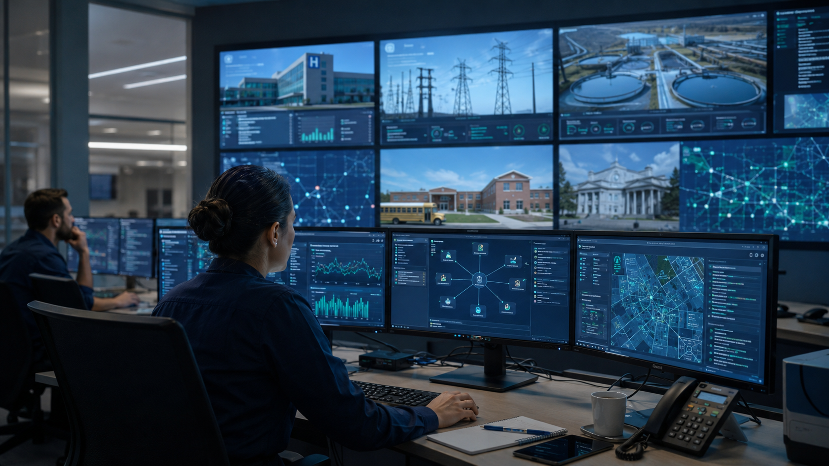 A realistic editorial image of a cybersecurity operations room monitoring critical infrastructure systems.