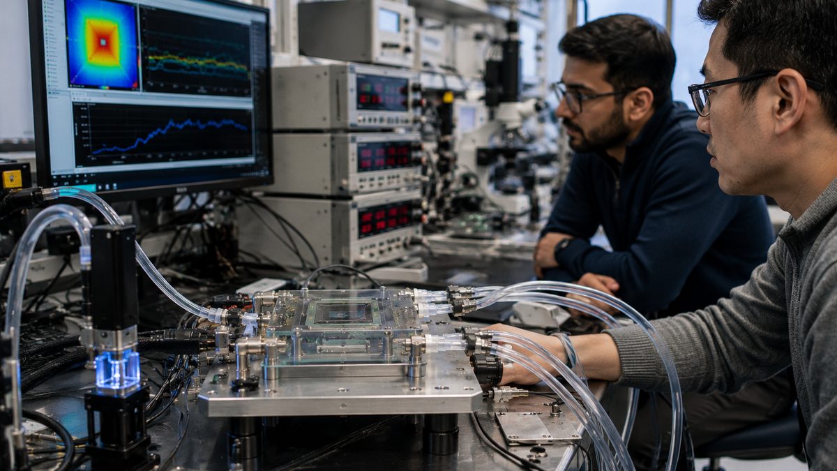 Engineers test a liquid-cooled semiconductor chip in a laboratory.