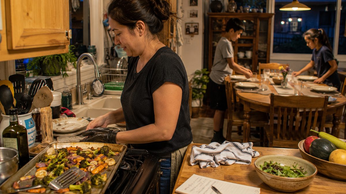 A parent prepares a simple weeknight dinner while children help set the table.
