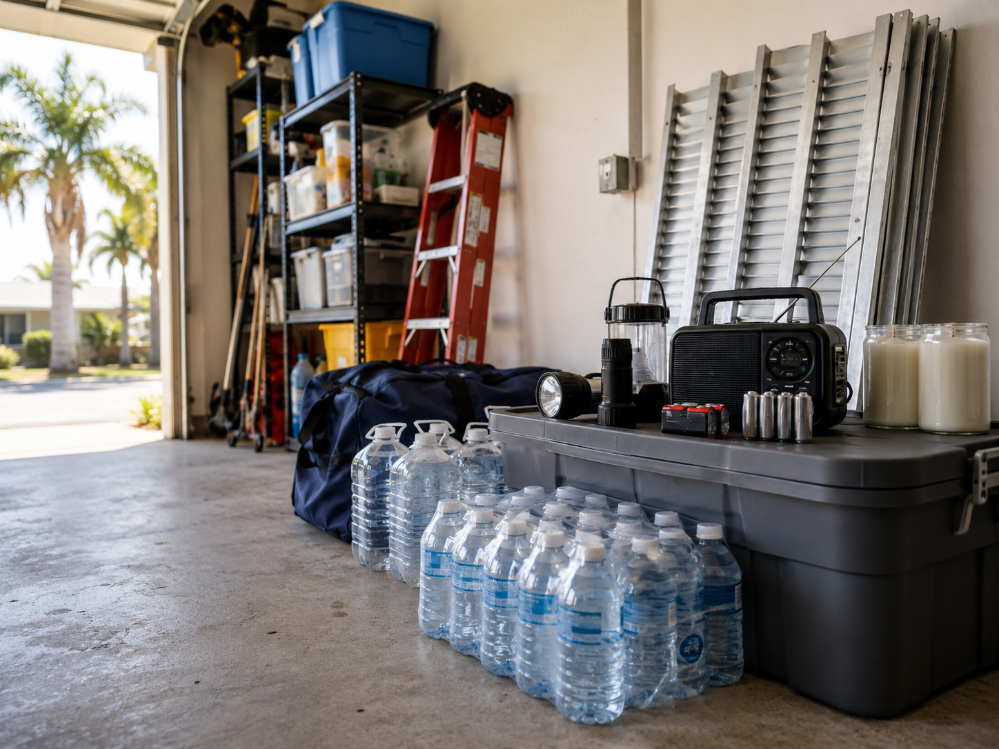 Storm preparation supplies arranged in a coastal home garage.