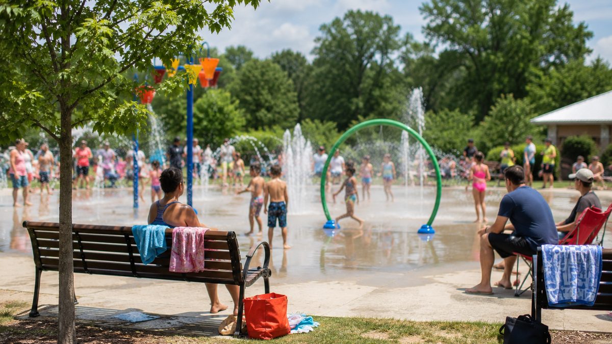 A public splash pad sprays water while families sit and play nearby on a summer day.