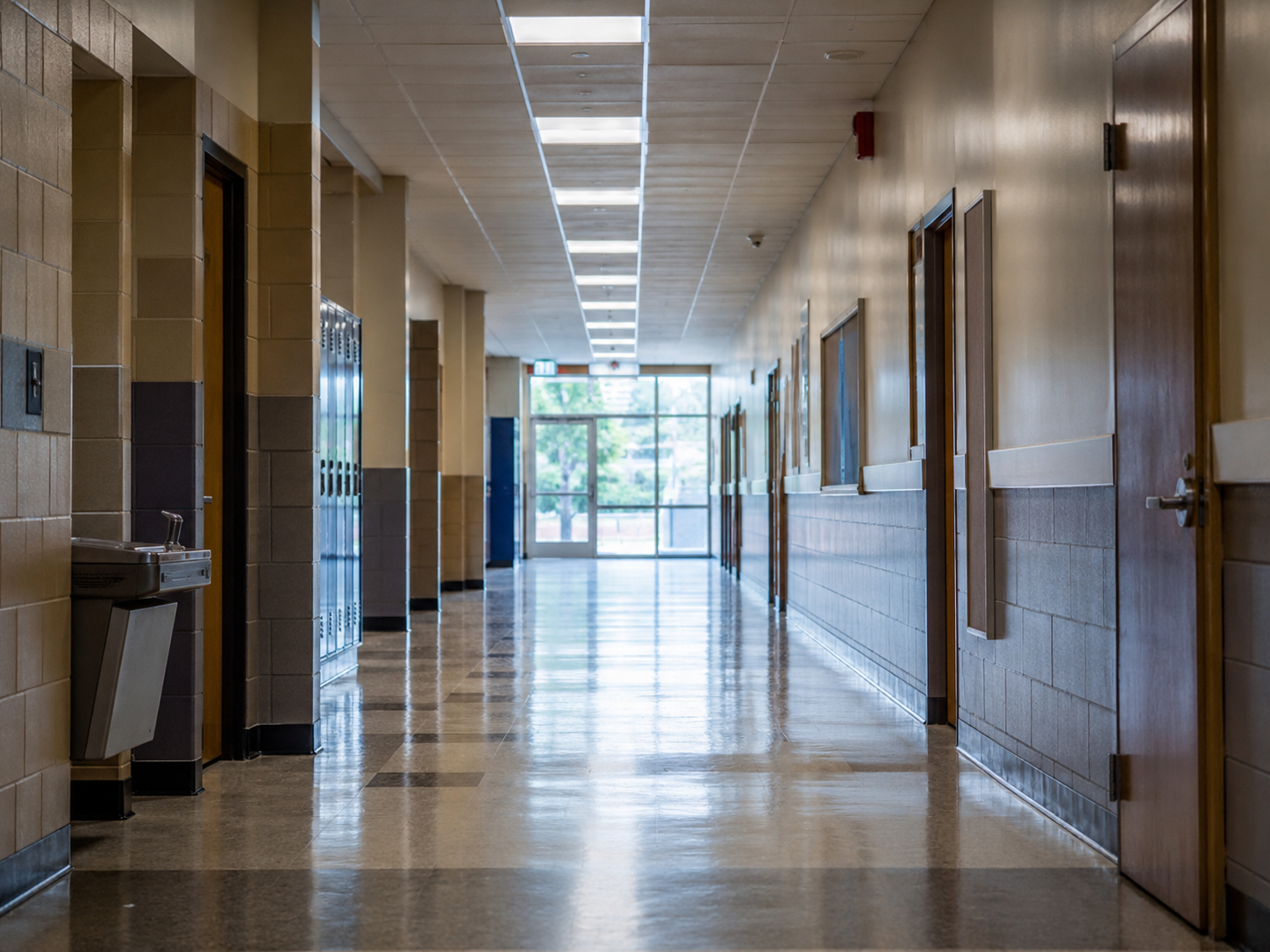 A quiet public school hallway with classroom doors in soft light.