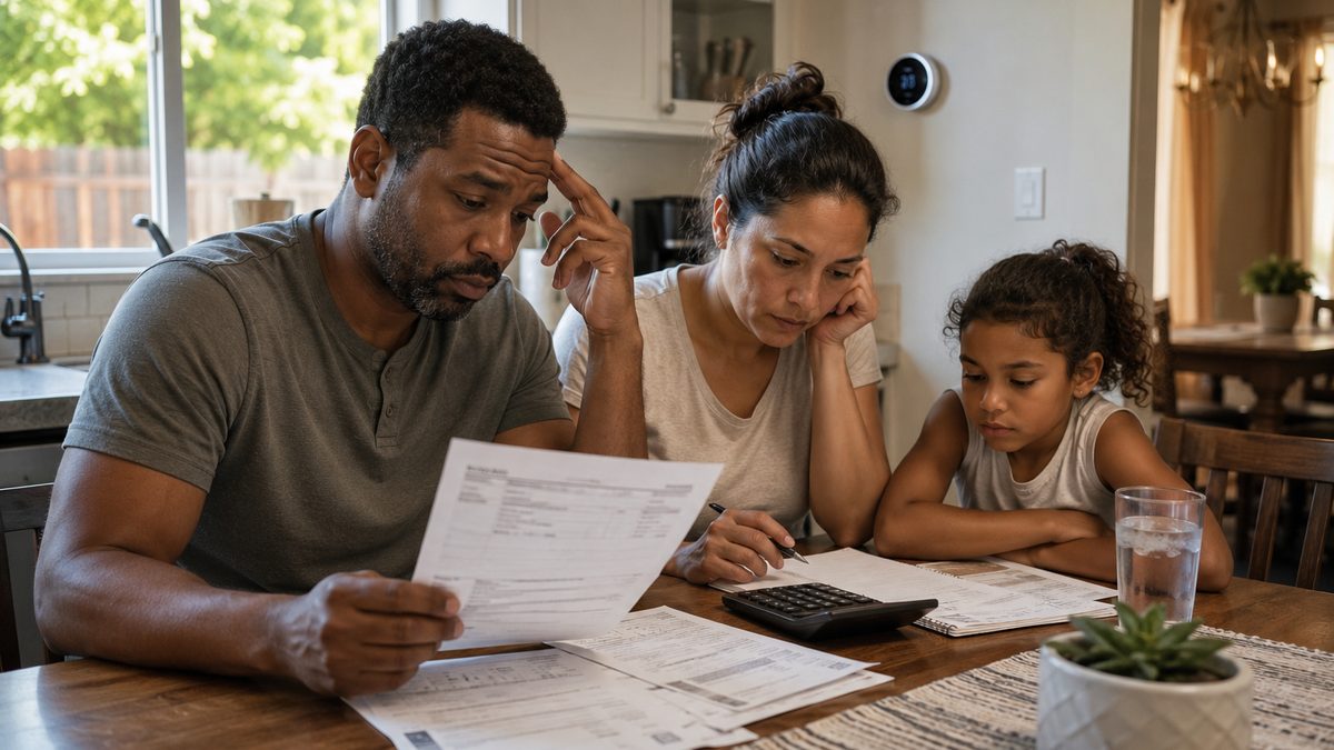 An electric bill and calculator sit on a family kitchen table.