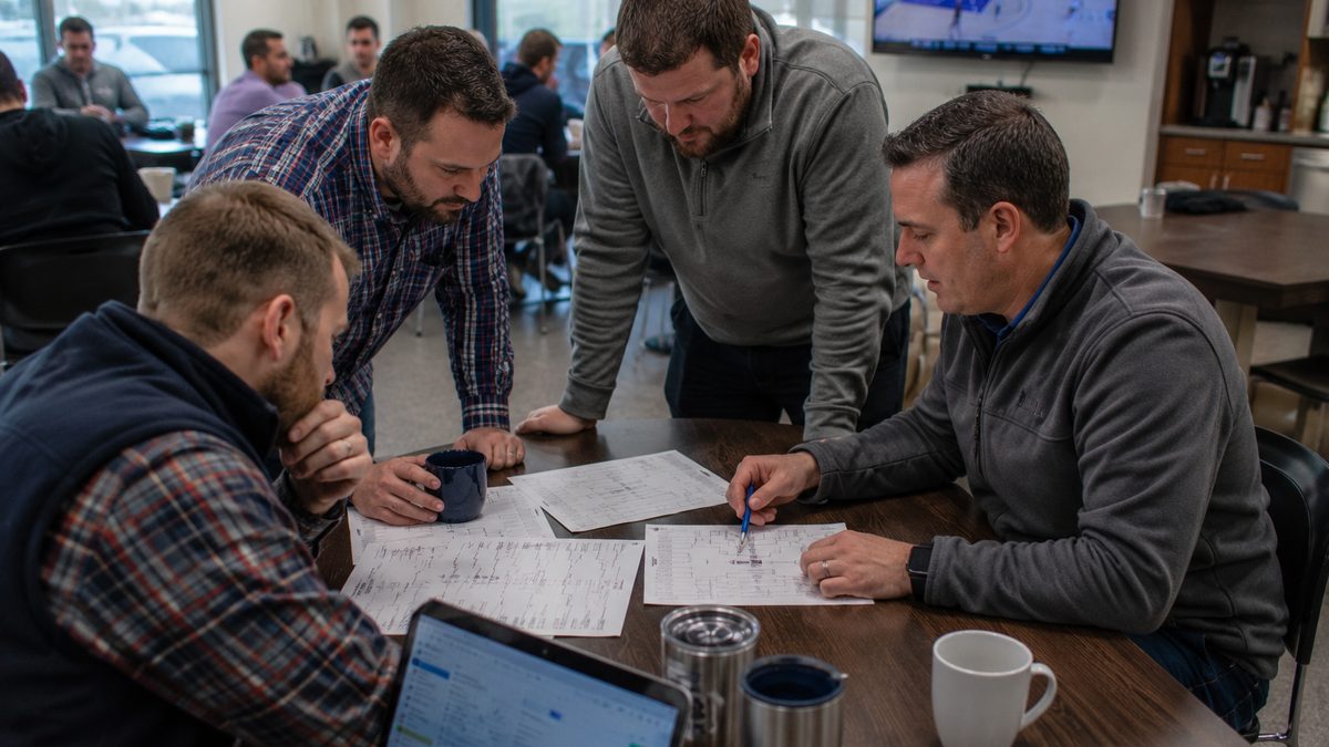 People compare NCAA tournament brackets in a workplace break room.