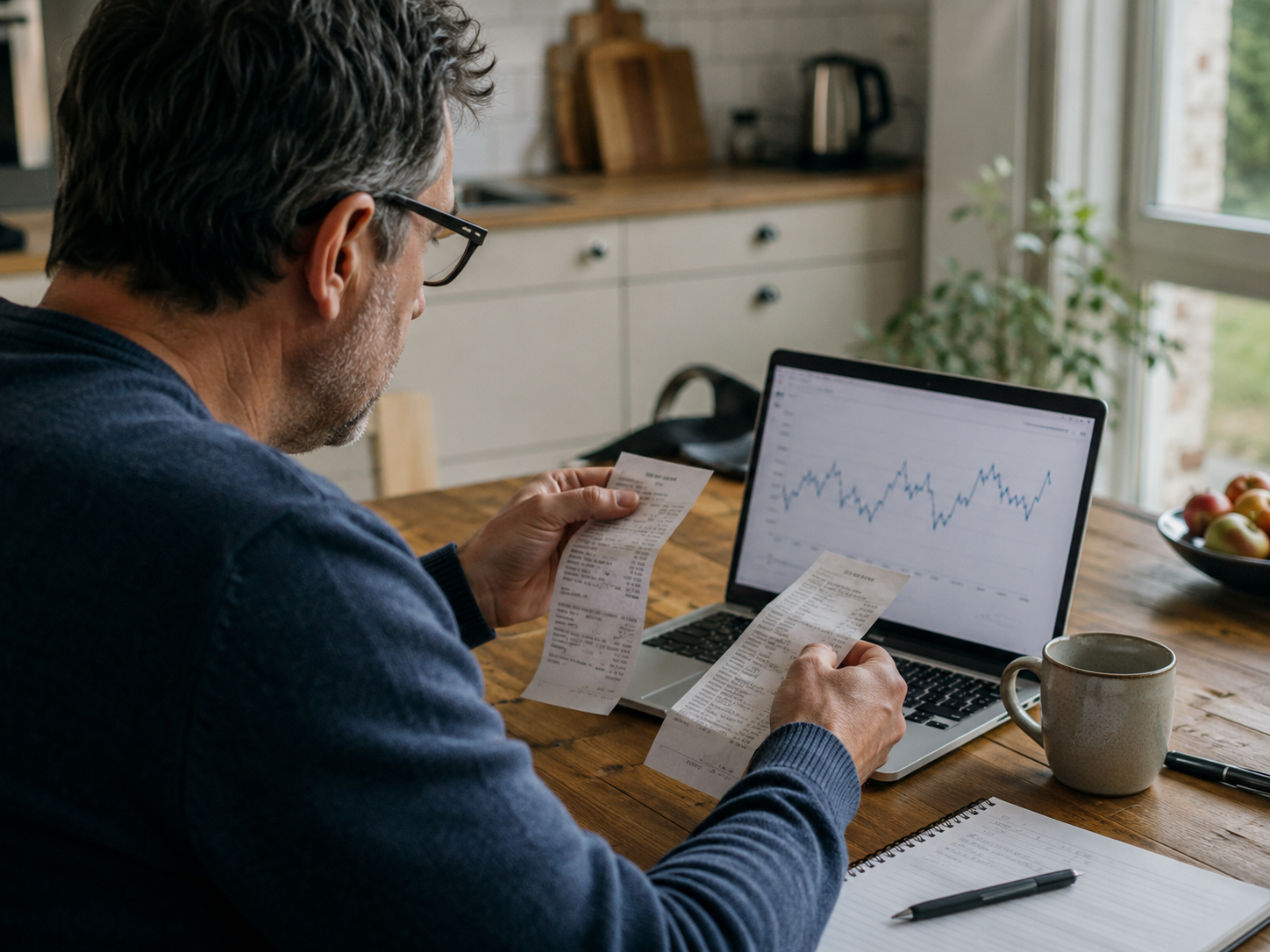 Person reviewing grocery and fuel receipts beside a generic economic chart.