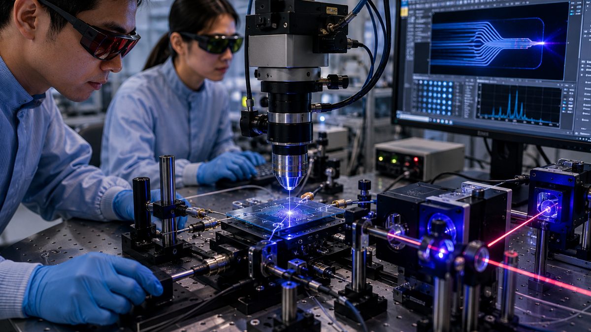 A photonic chip is tested in an optics laboratory with light passing through precision equipment.