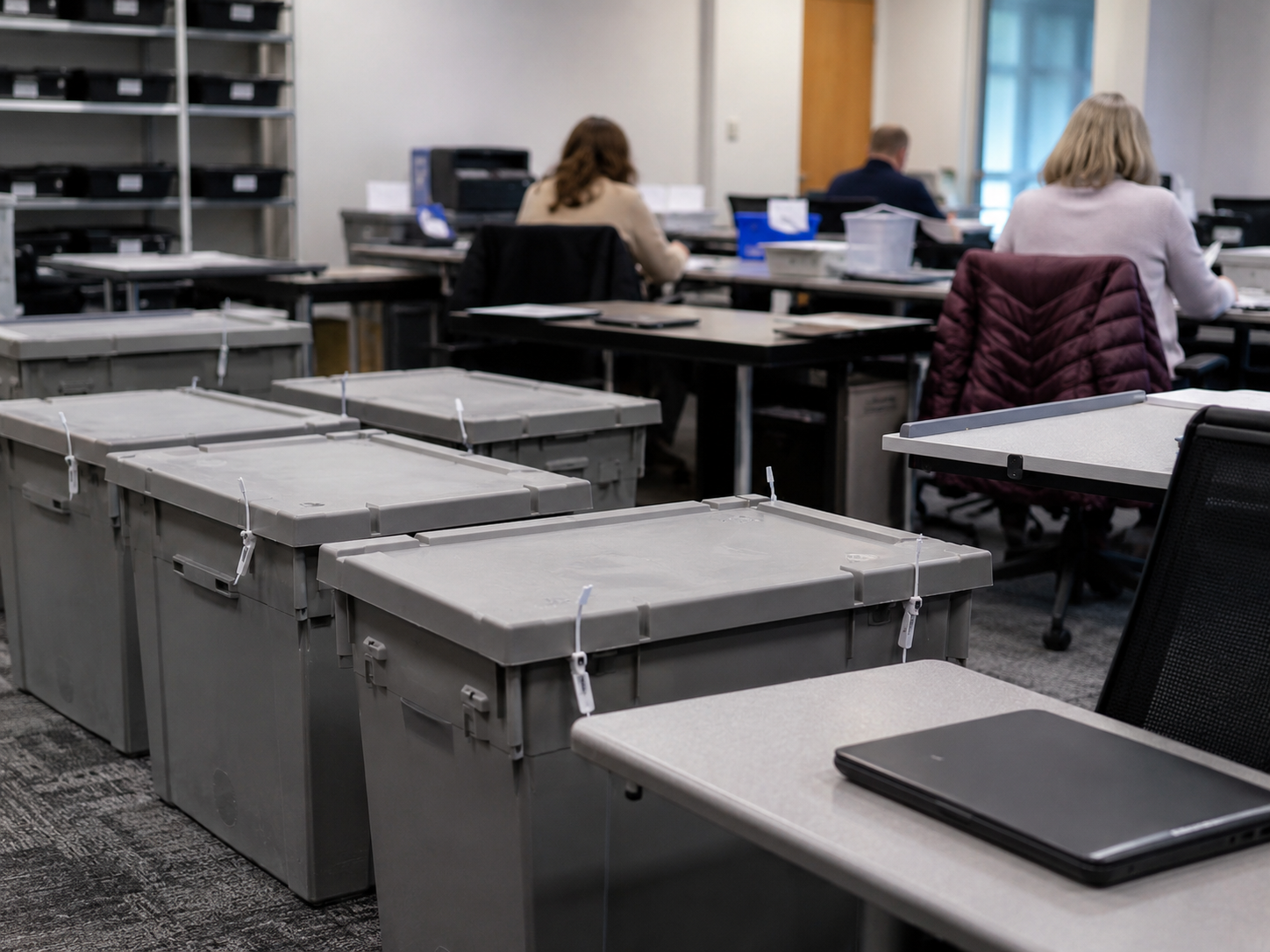 An election office with sealed ballot boxes and workstations.