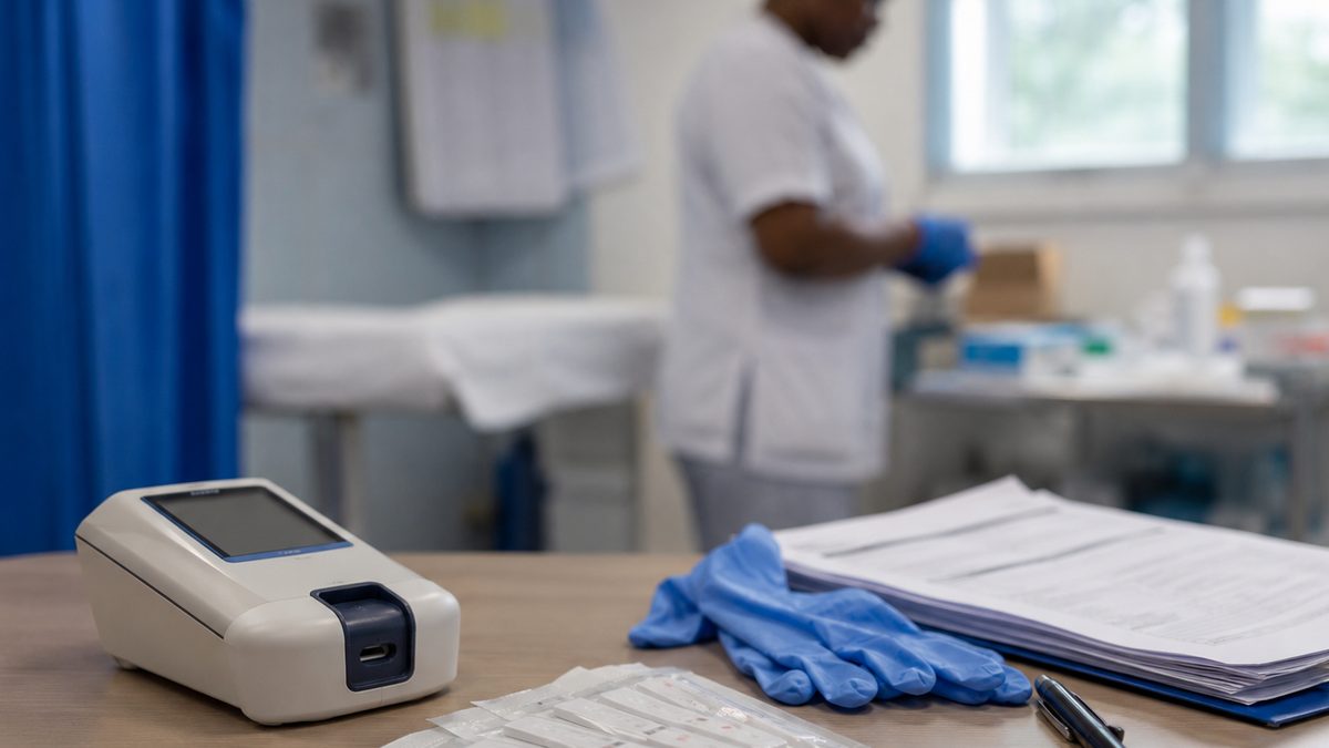 A portable diagnostic device sits on a clinic table beside sample cards and medical paperwork.