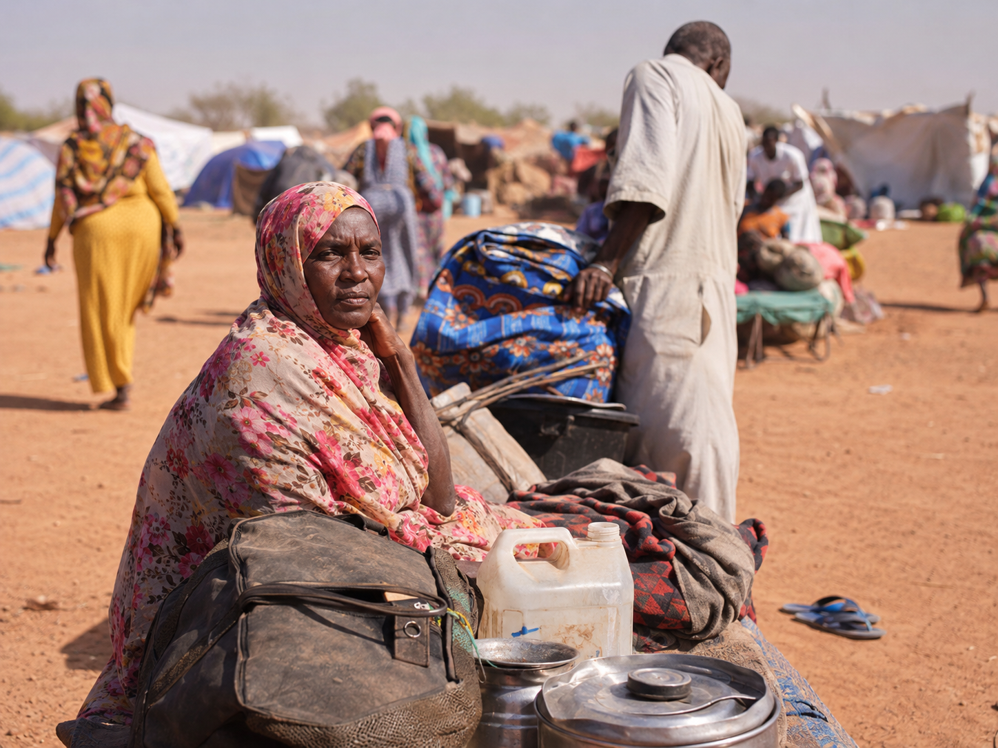 Displaced families wait near temporary shelters while aid workers organize supplies.