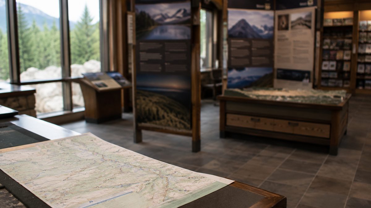 A quiet national park visitor center exhibit area with blurred display panels.