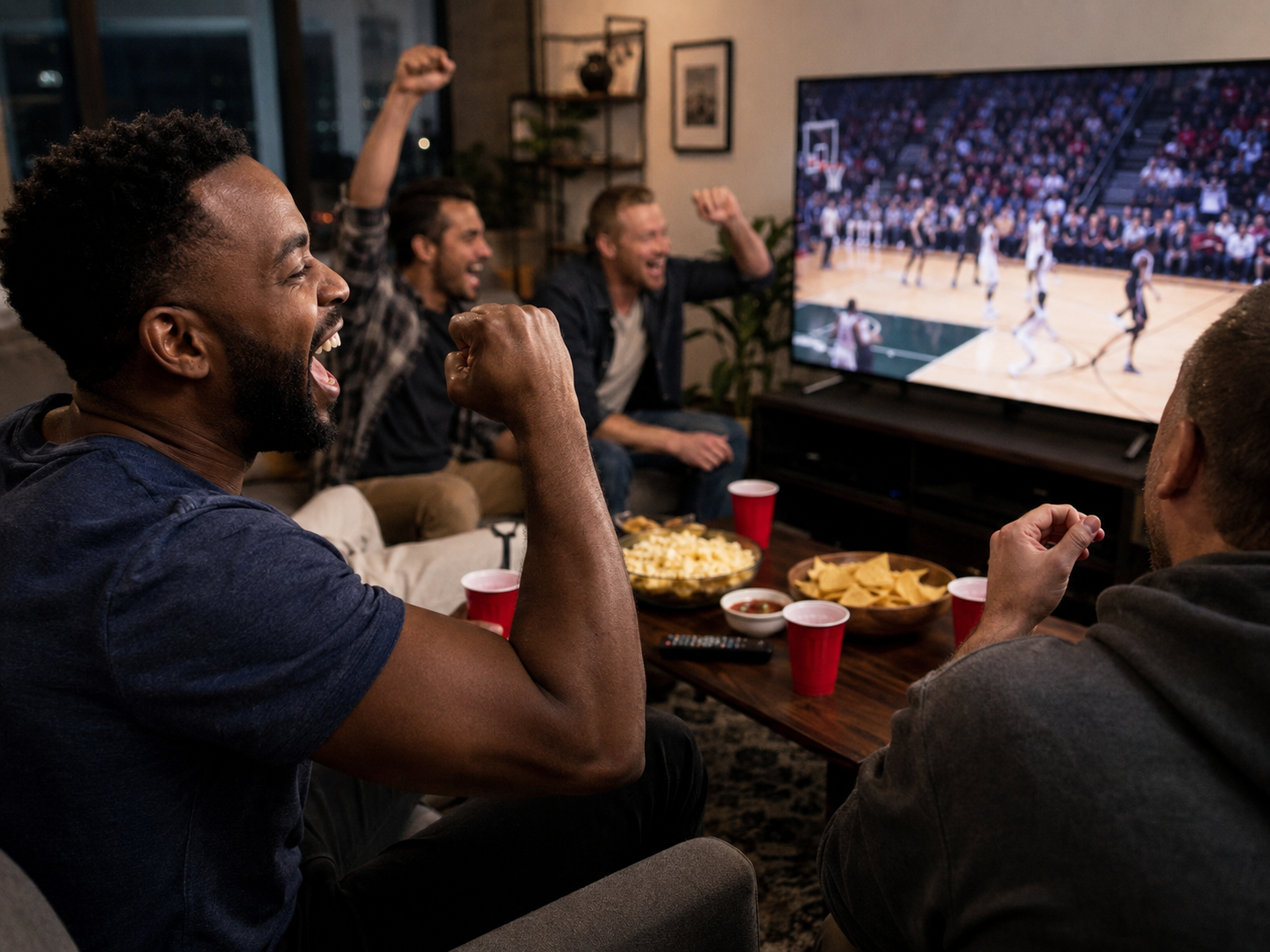 A blurred basketball game plays on a television beside media-rights notes.