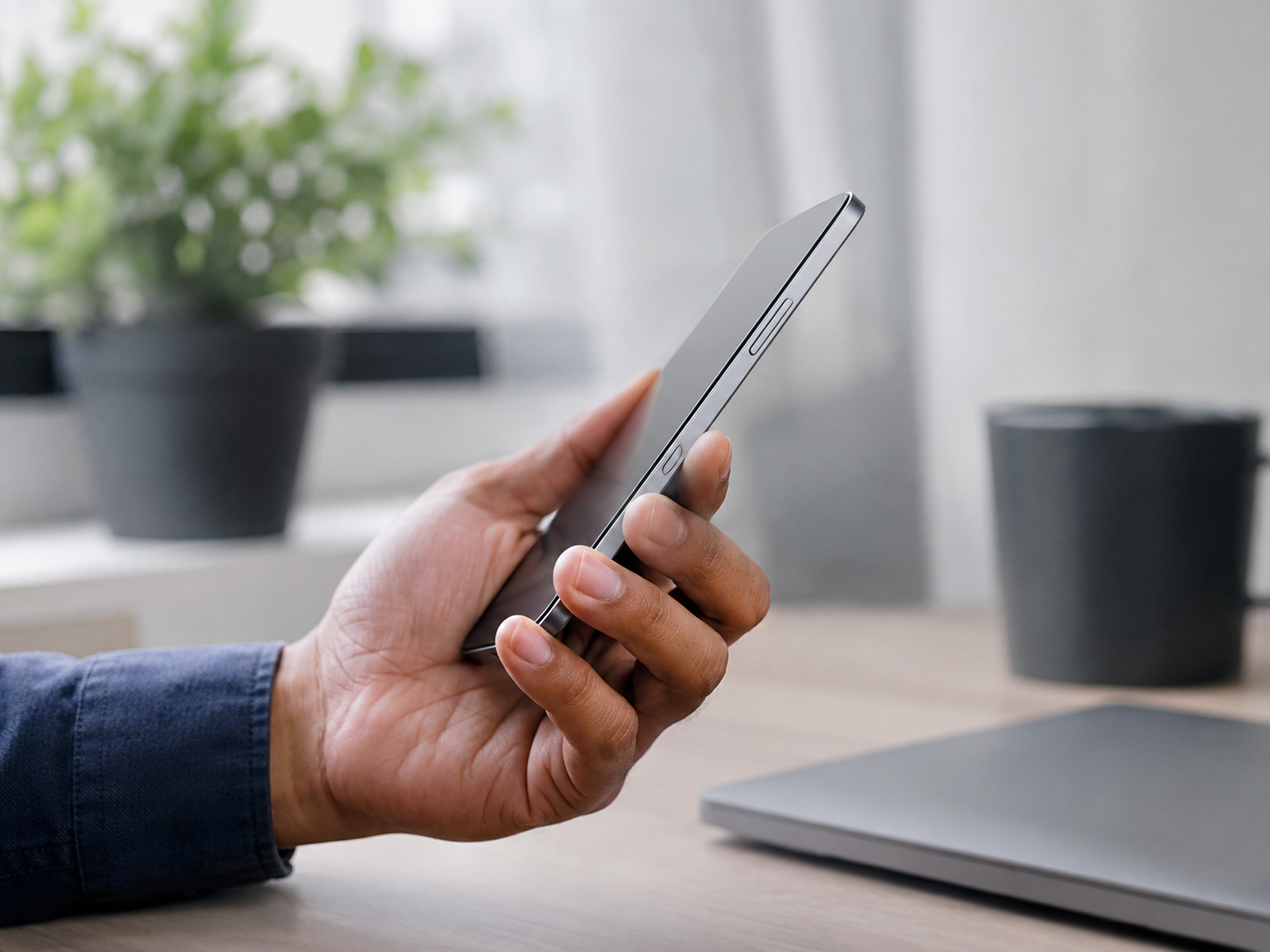 A thin modern smartphone on a desk beside earbuds and a laptop, representing Apple’s iPhone Air.