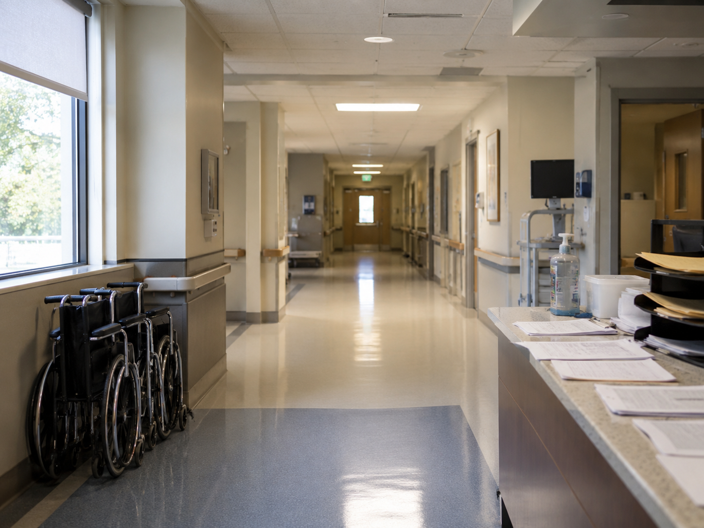 An empty hospital corridor with wheelchairs and medical forms.