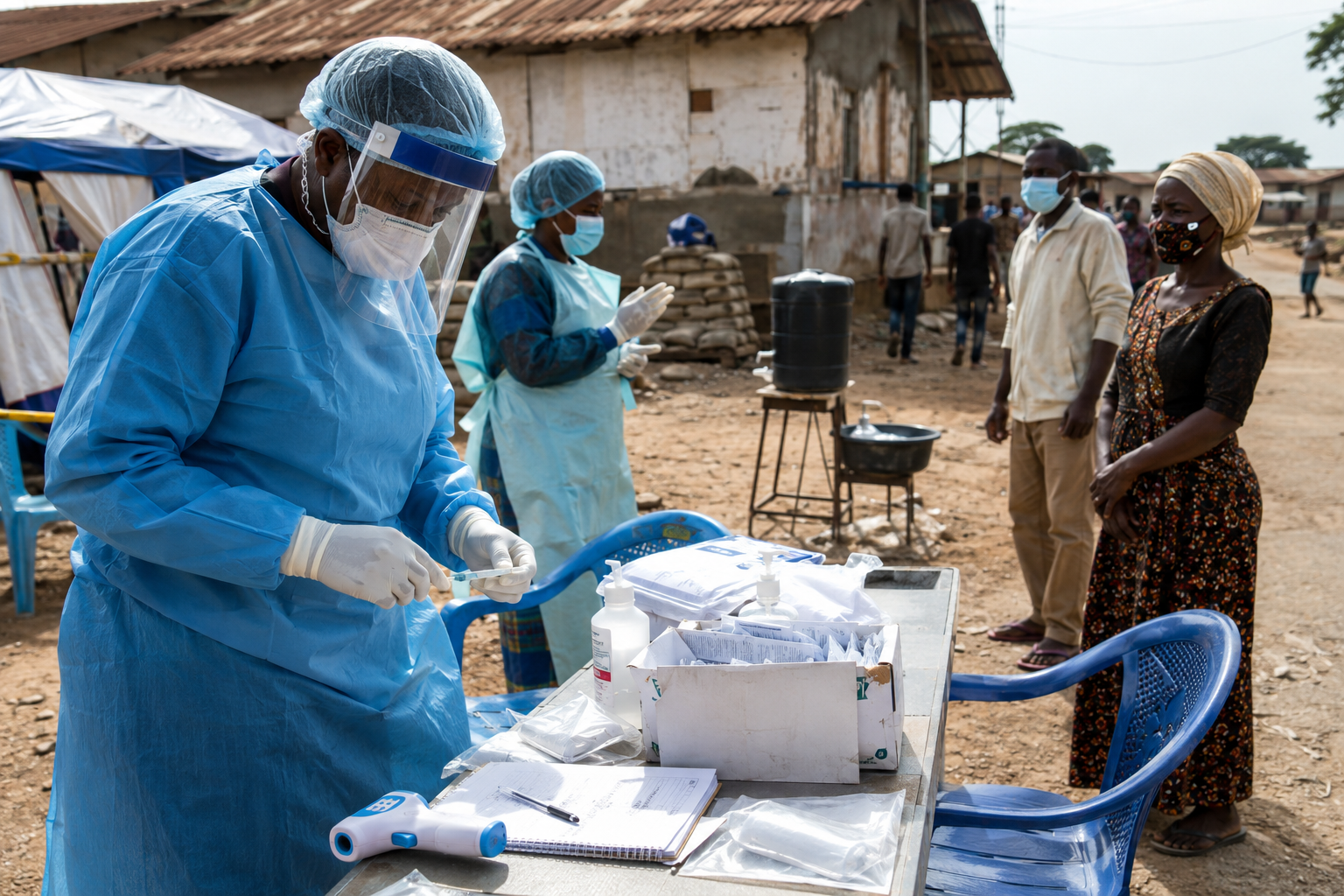 Health workers stand near a rural clinic entrance with handwashing stations.