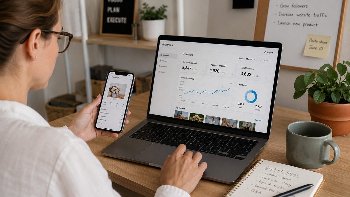 A person reviews social media analytics on a laptop while holding a phone in a small workspace.