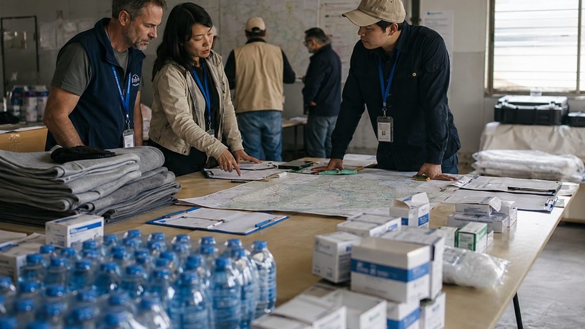 Aid supplies and coordination materials arranged on a table during a humanitarian response.