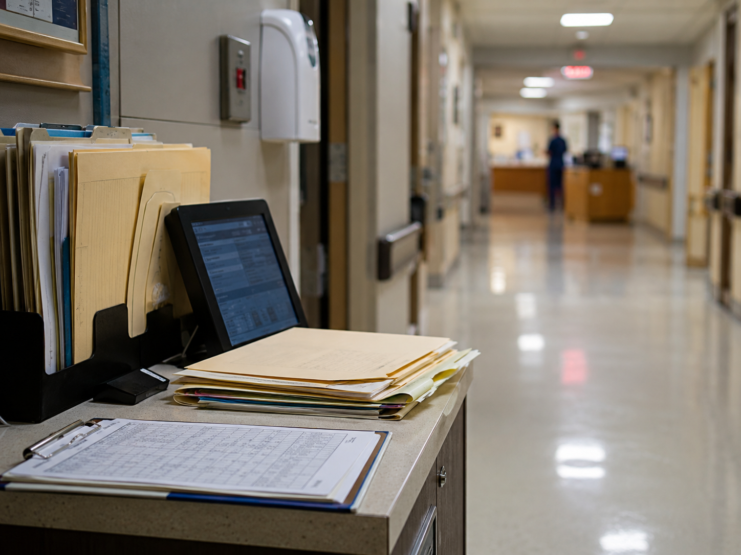 Legal folders and a medical chart sit in a hospital hallway.