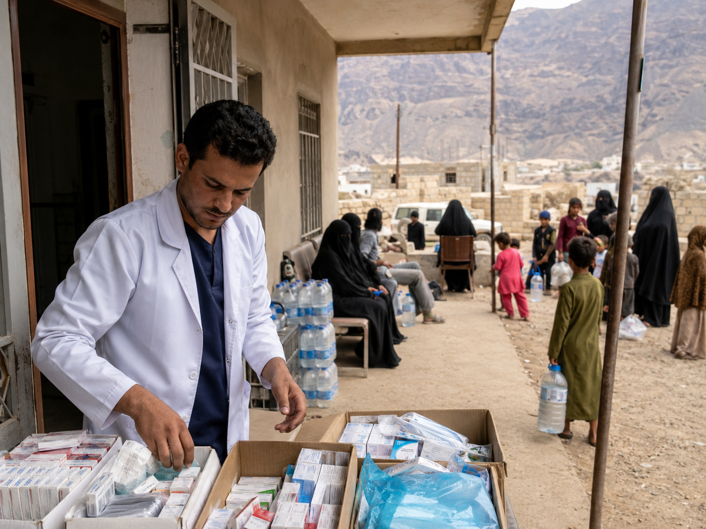 Families wait outside a modest health clinic as staff organize medical supplies.