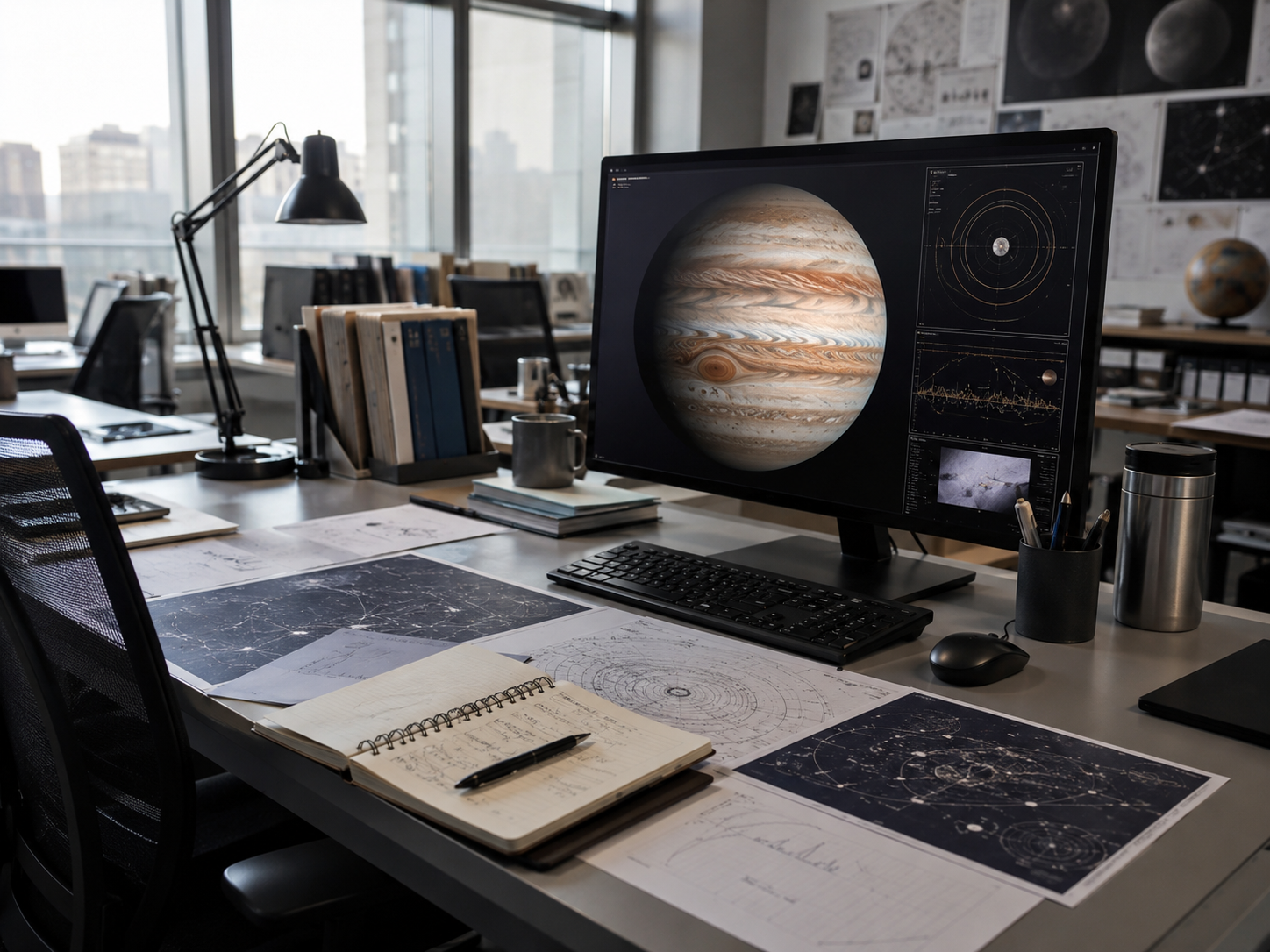 A science workstation with Jupiter imagery and particle-track research notes.