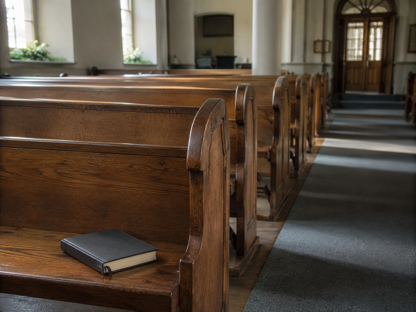 A quiet church interior with daylight across empty pews.