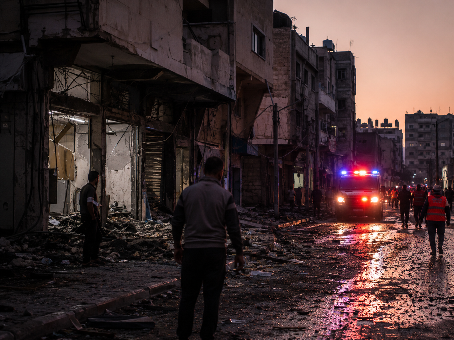 Emergency responders in the distance on a damaged urban street after a strike.