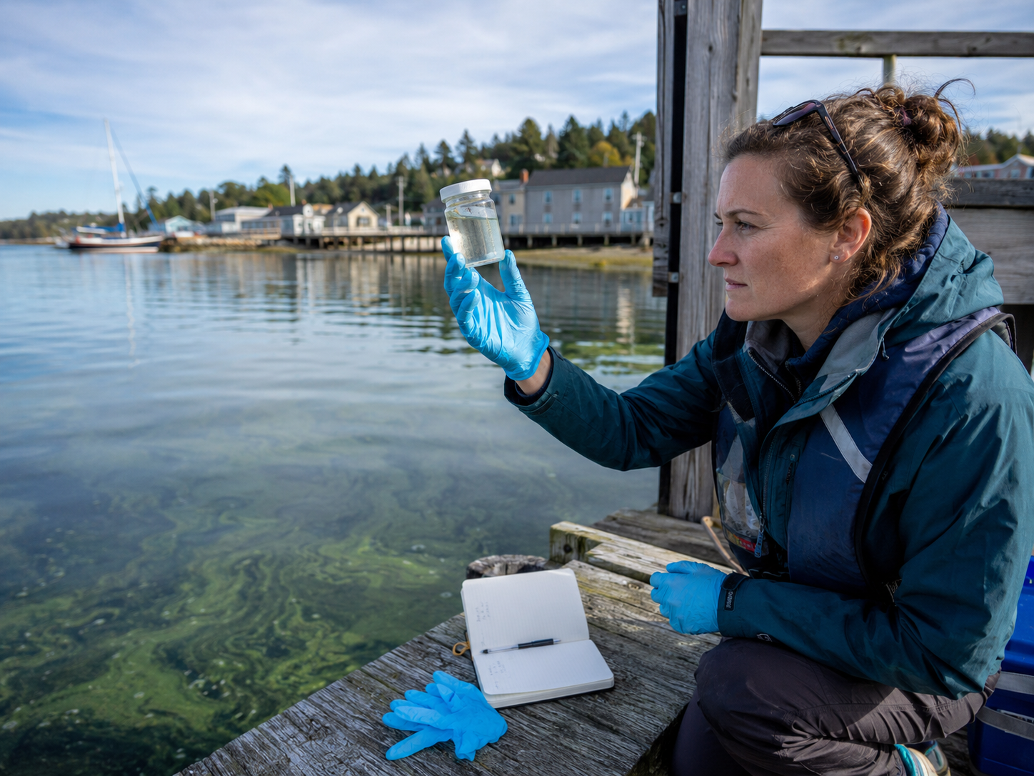 A scientist holds a water sample near coastal water with visible algae patterns.