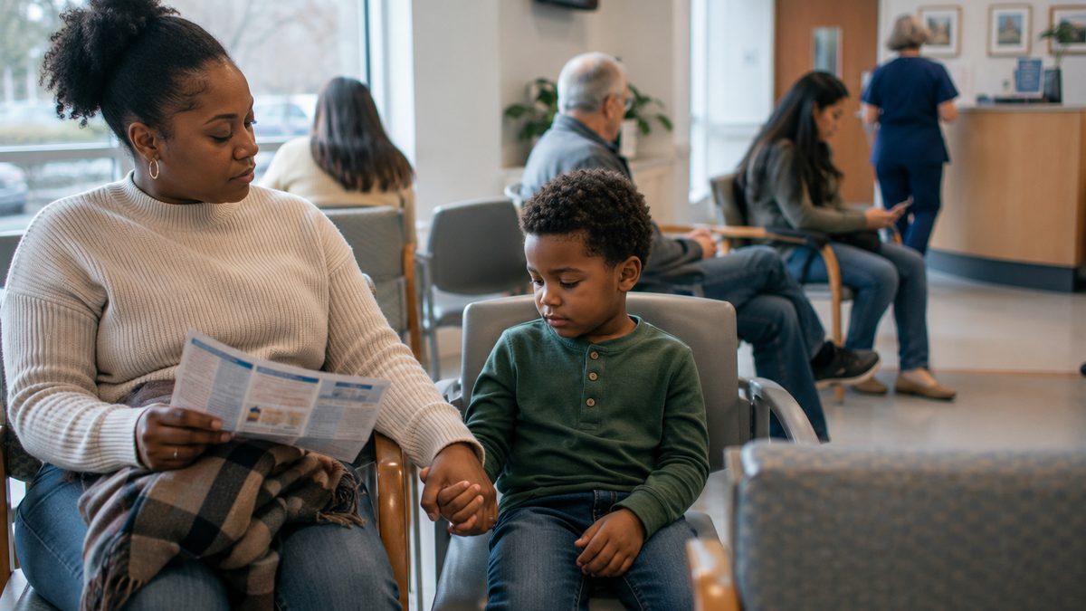 A parent and child sit in a quiet clinic waiting room.