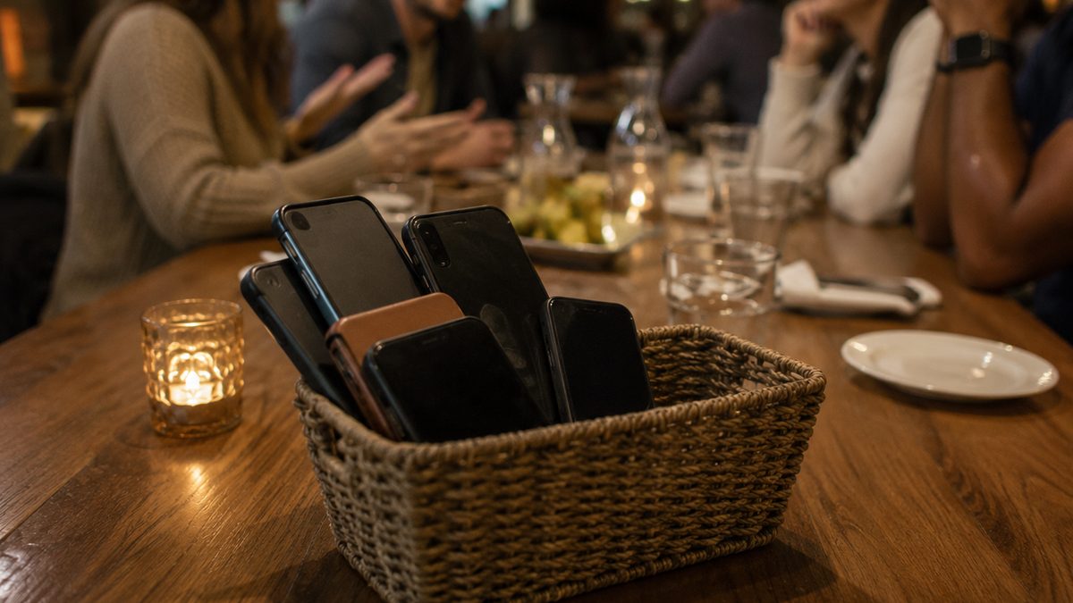 Phones sit face down in a basket on a restaurant table while people talk nearby.