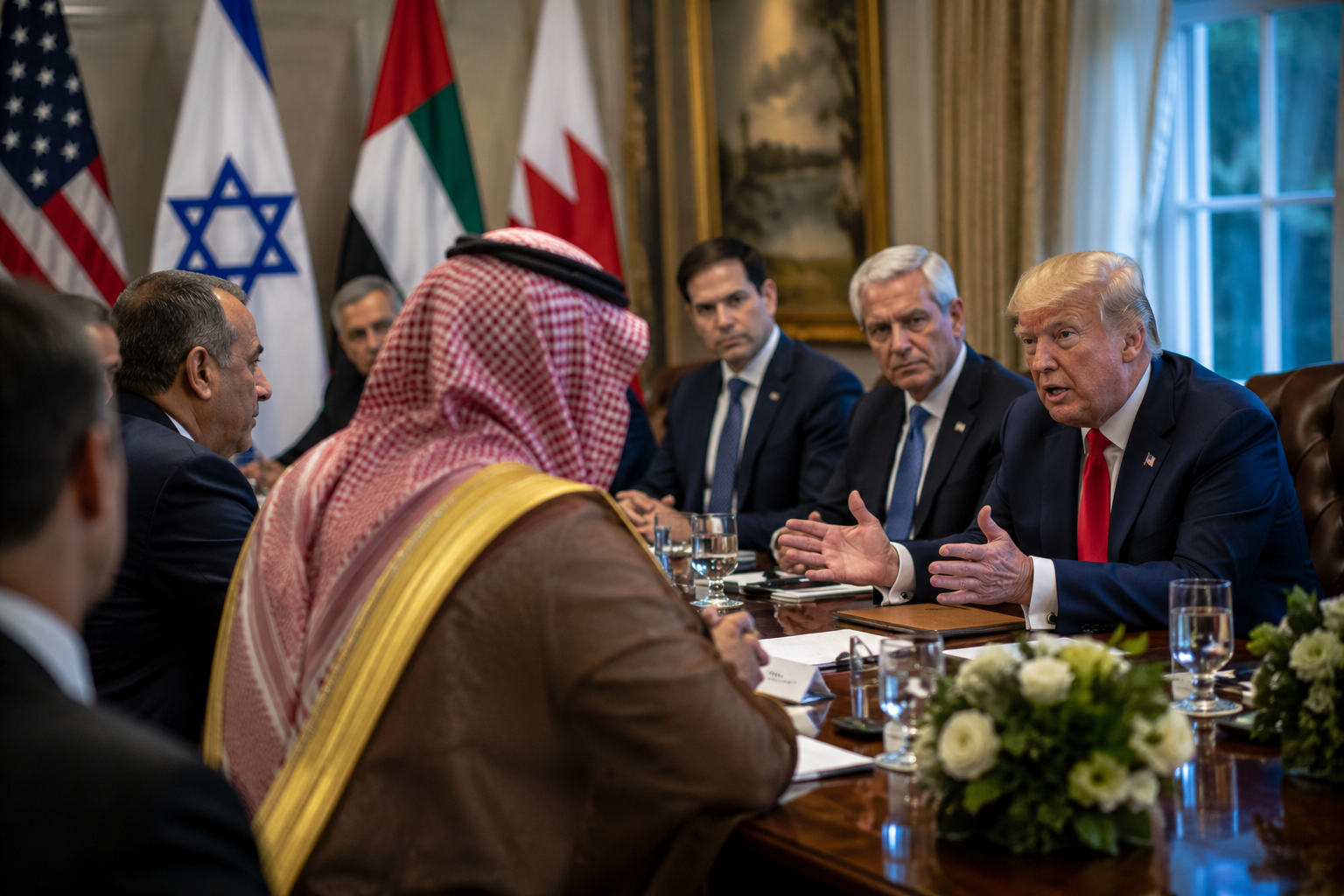 Diplomatic papers, regional maps, and a quiet conference table arranged for Middle East negotiations.