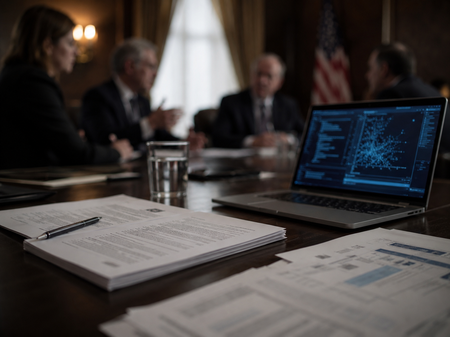 Federal technology policy meeting table with AI documents and a laptop.