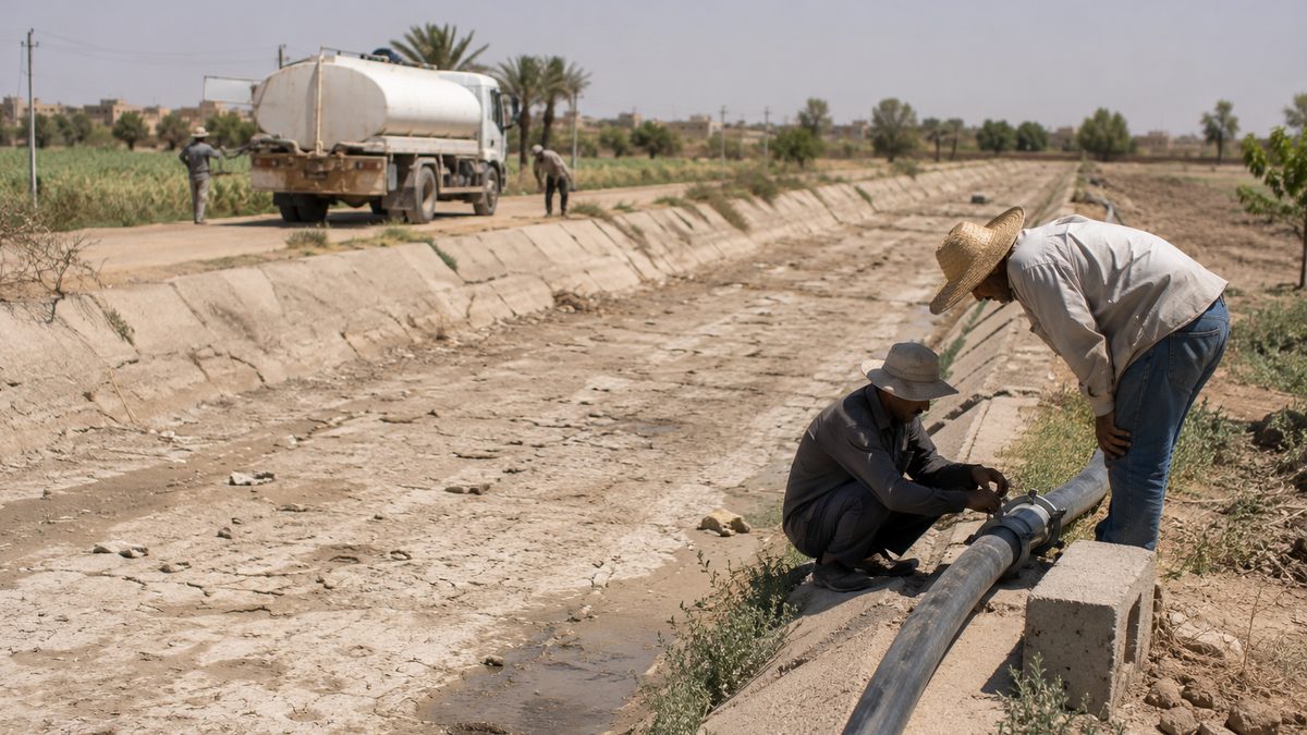 A dry irrigation canal runs beside farmland while workers inspect water pipes.