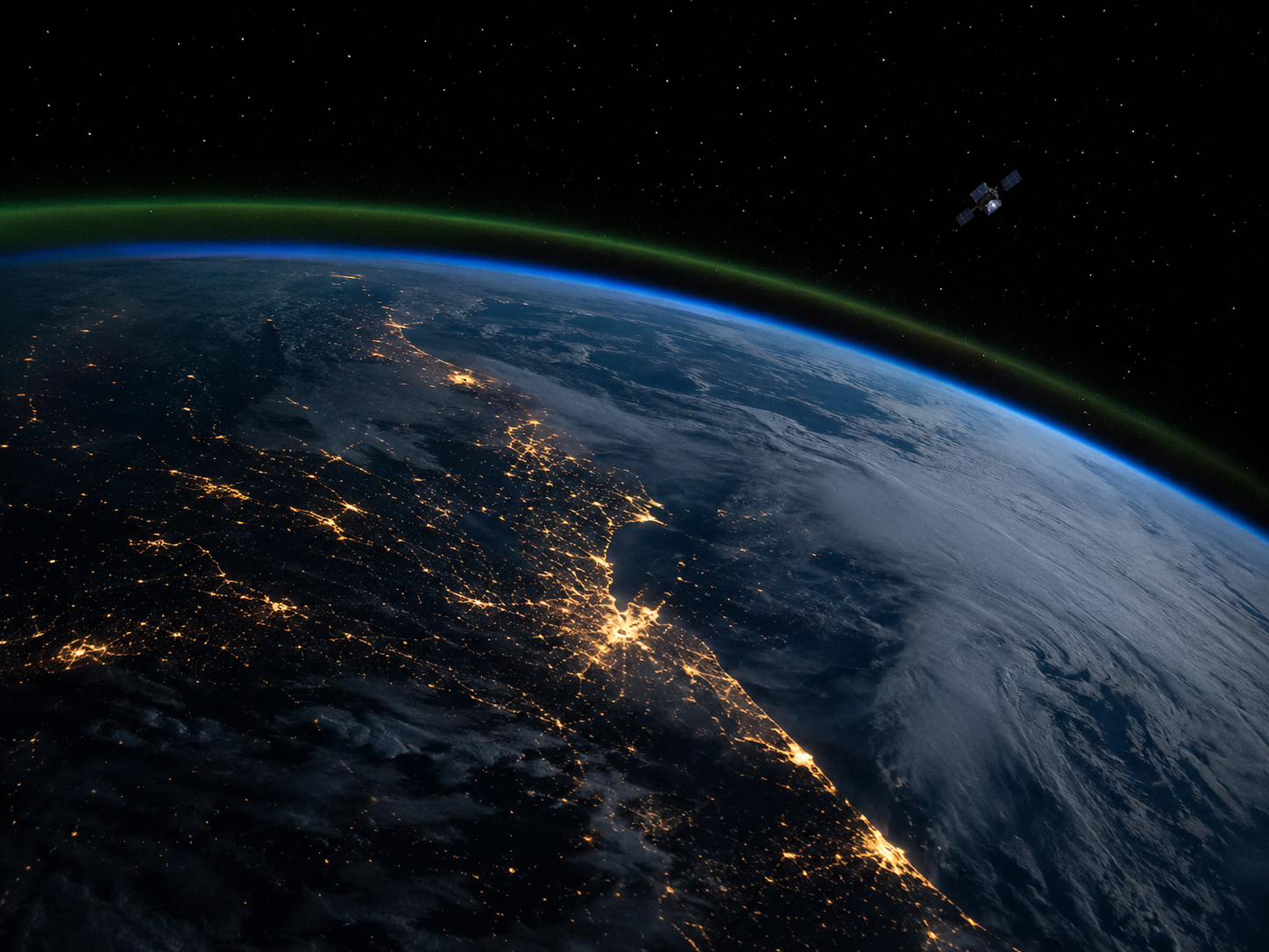Earth's atmosphere glows faintly from orbit near a satellite silhouette.