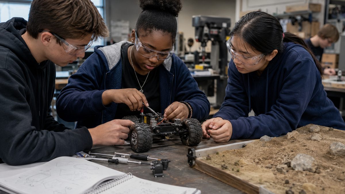 Students working on a rover wheel assembly in a school workshop.
