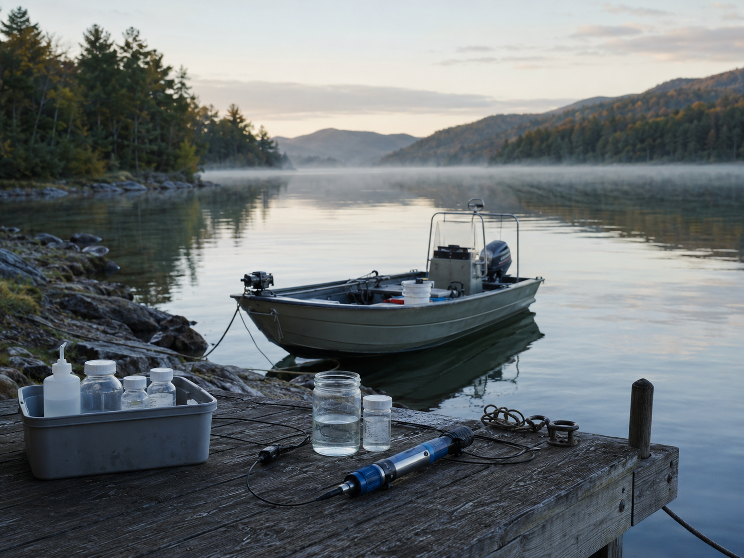 A lake with water-sampling equipment on a dock and a small boat near shore.