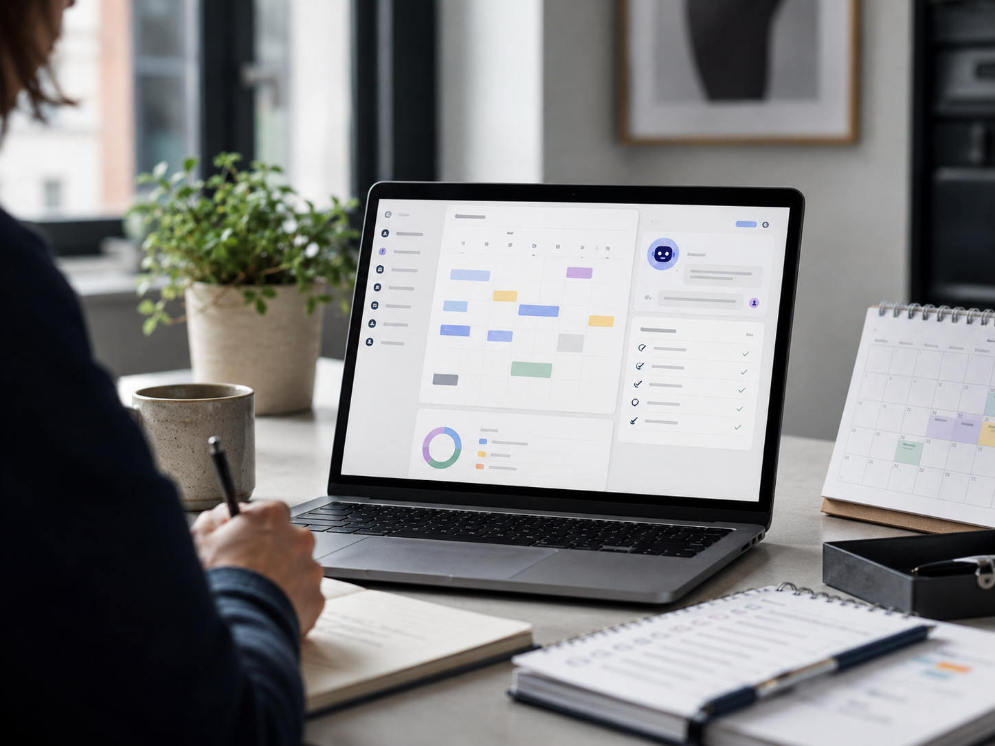 A laptop in a workspace shows abstract task and assistant interface elements.