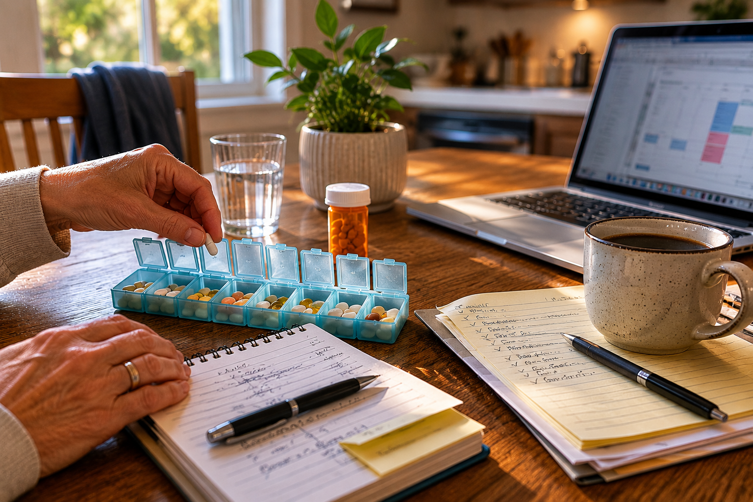 A kitchen table holds caregiving notes, a laptop and a weekly pill organizer.