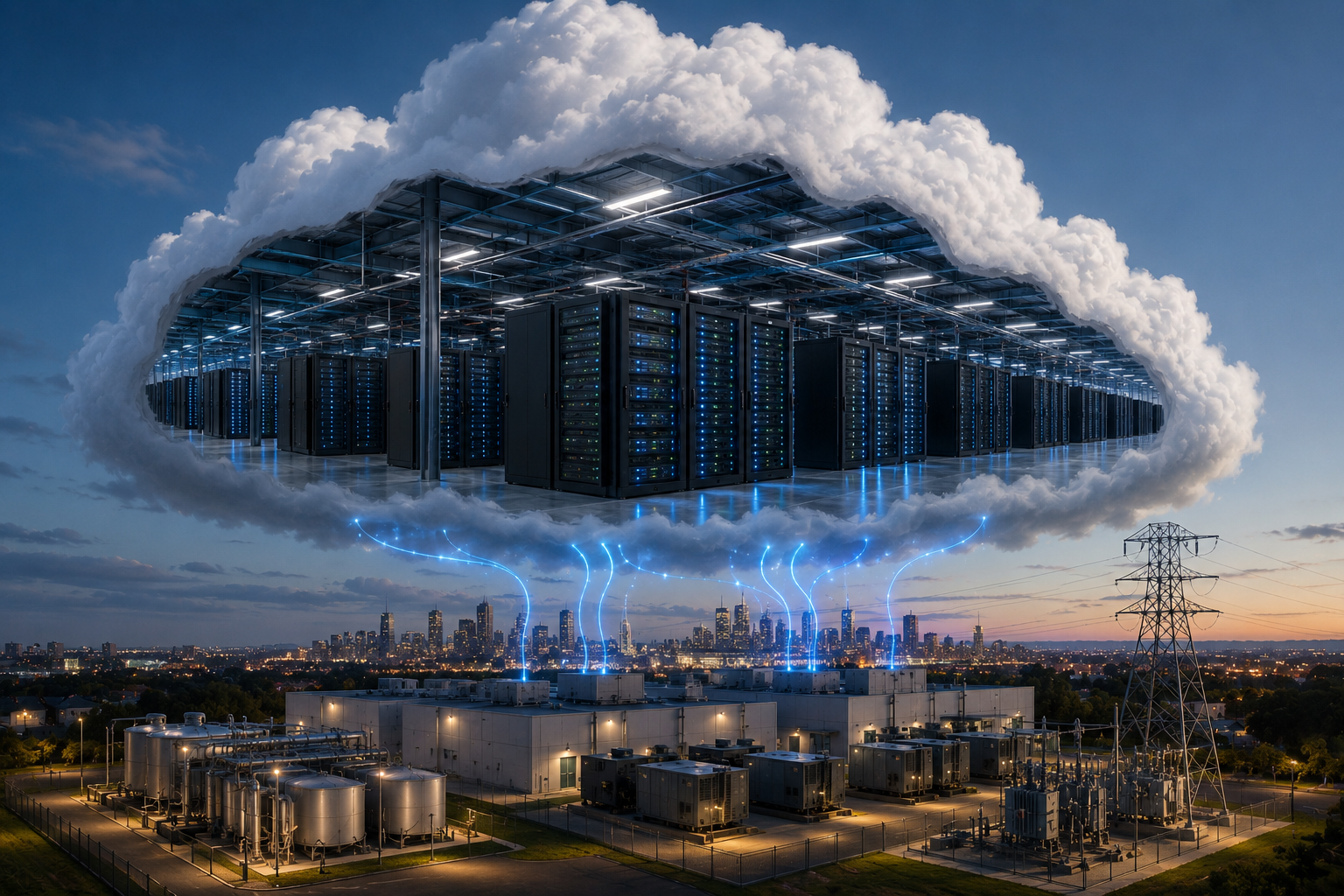 Exterior view of a modern data center facility with cooling infrastructure and power equipment visible during daylight.