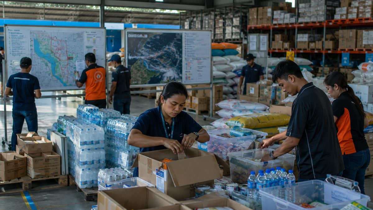 Local responders organize emergency supplies in a regional disaster-preparedness warehouse.