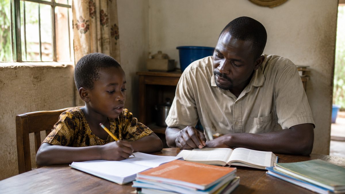 A child with schoolbooks sits beside a parent at a small family work table.