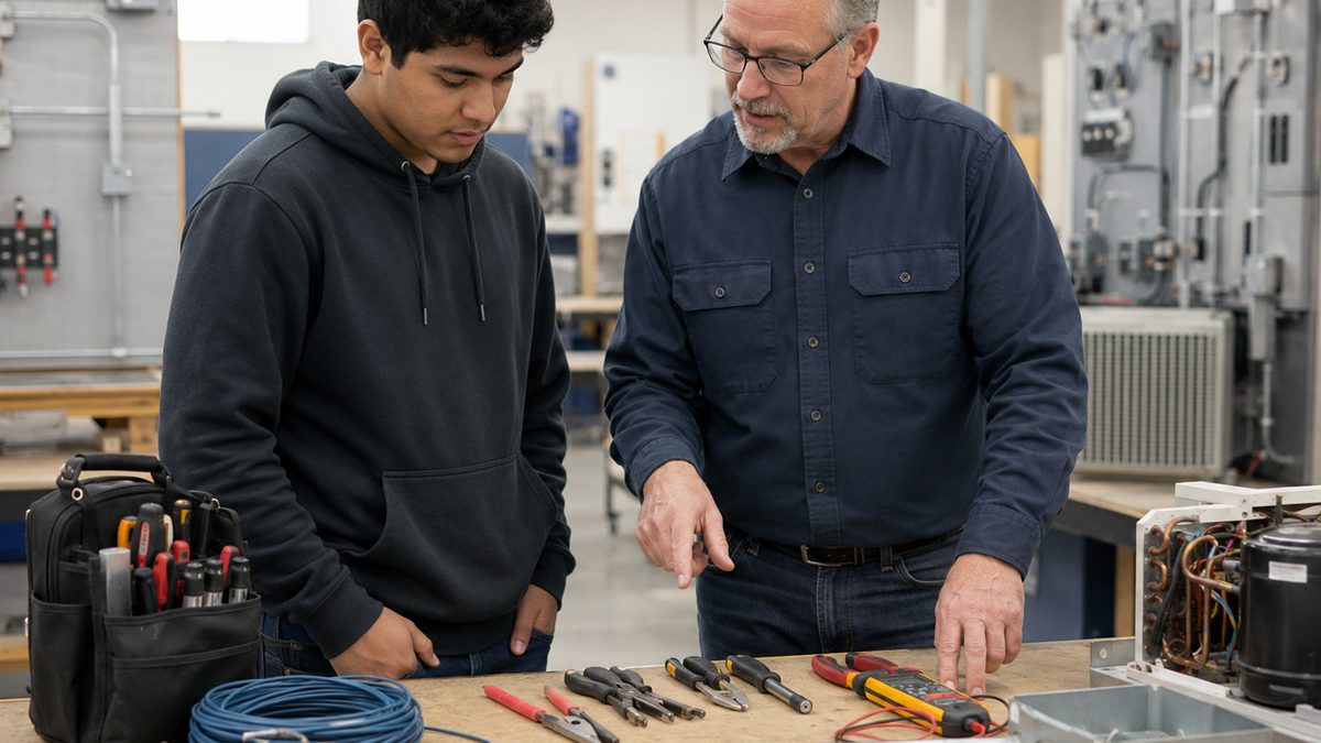 Apprentice trainee reviews tools with an instructor in a training lab.