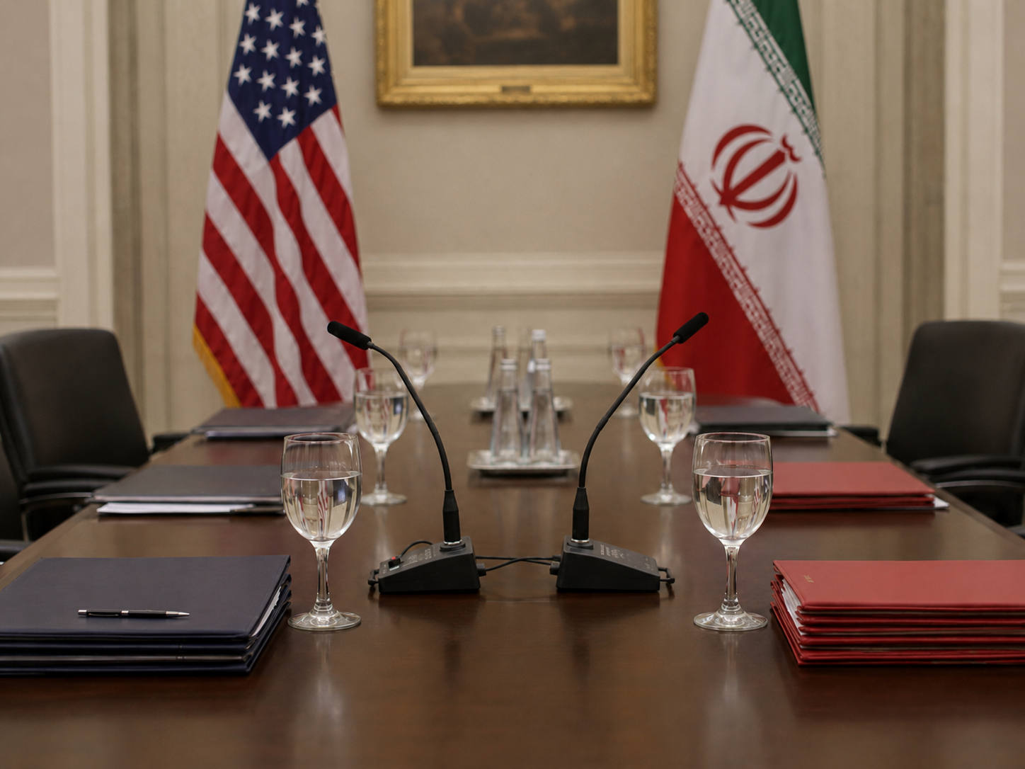 A quiet diplomatic conference table with folders, microphones, and blurred flags.