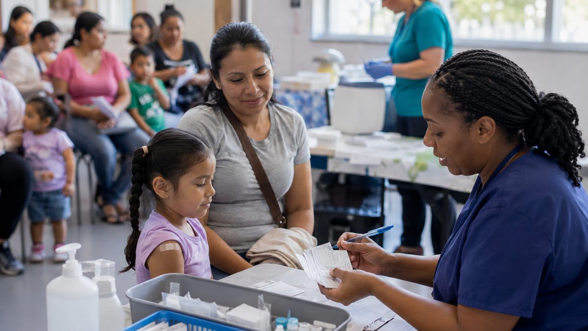 Families wait at a child vaccination clinic while health workers organize vaccine cards.