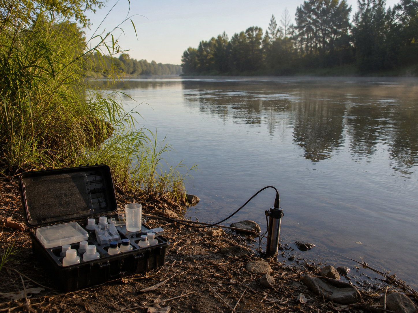 A riverbank with water-quality testing equipment near the water.
