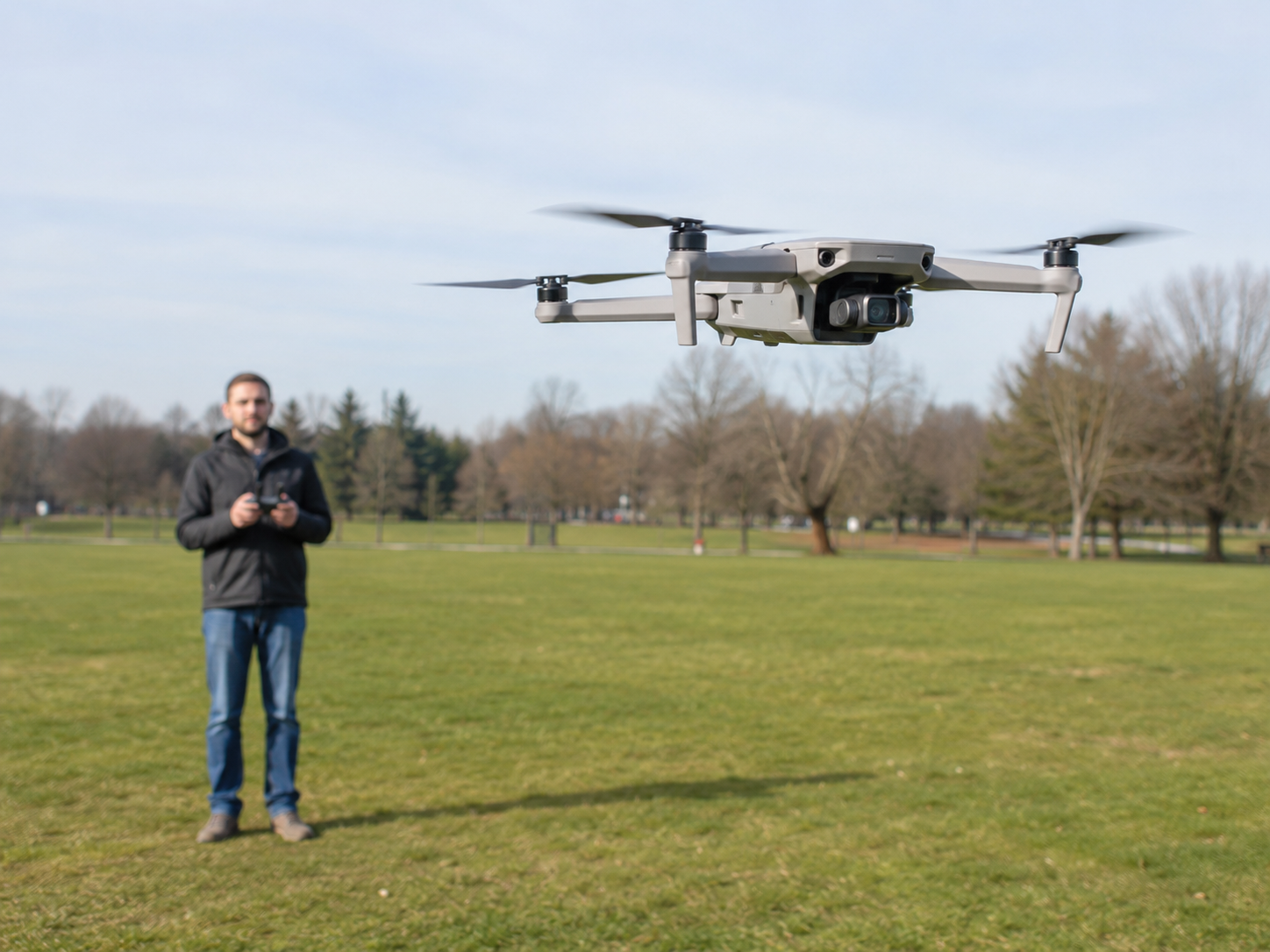A small drone flies over an open field while a pilot stands nearby.