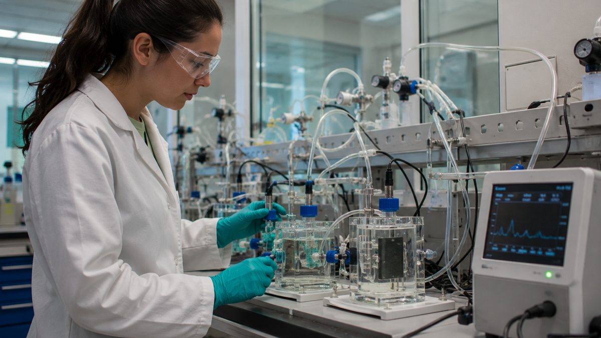 Researchers test an electrochemical carbon capture setup in a laboratory.