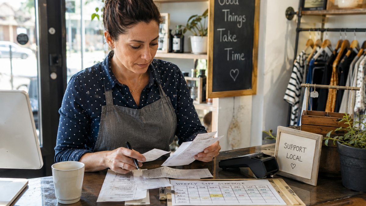 A small business owner reviews receipts and a staffing schedule before opening.