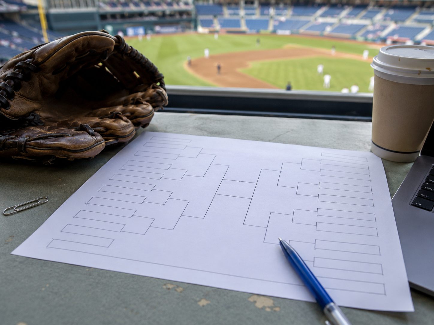A college baseball postseason bracket sheet beside a glove in a stadium.