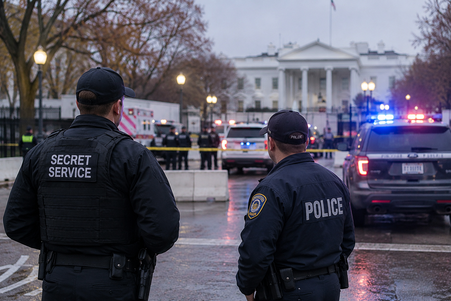 A secured government checkpoint is blocked off with emergency vehicles nearby.