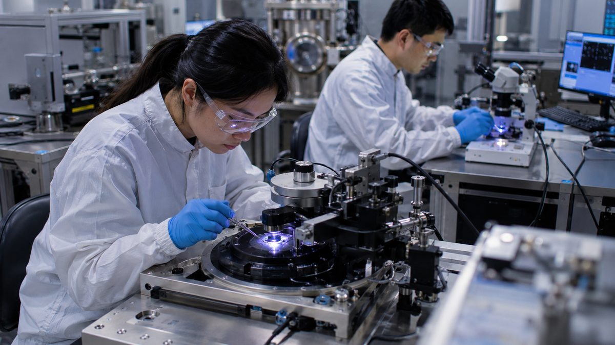 Researchers examine an ultrathin superconducting material in a nanoscale research laboratory.